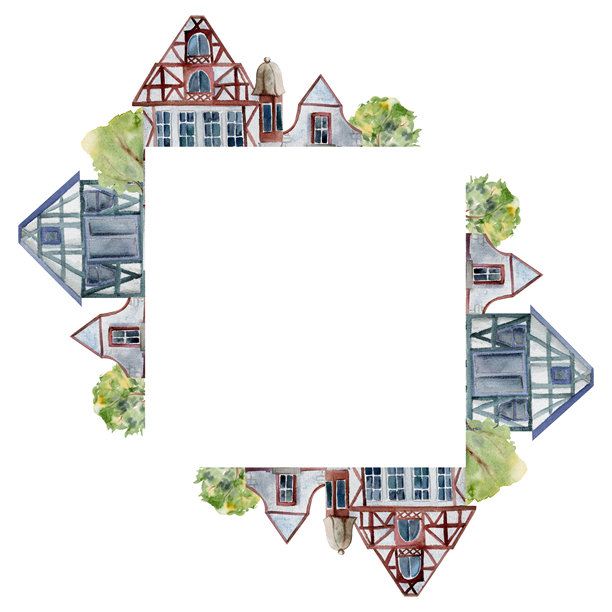 古老的欧洲城市街道房屋，城市外立面。历史城市风景建筑。水彩手绘边框。适用于旅游商店、纪念品、旅行手册、建筑事务所。图片下载