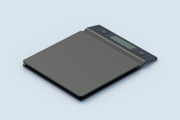 黑色厨房秤置于灰色背景上。现代电子烹饪秤。3D渲染。图片下载