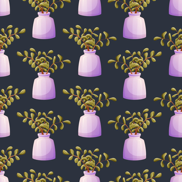 装饰美丽的玻璃粉红色花瓶与绿色的叶子枝。矢量无缝卡通图案，室内装饰元素。图片下载