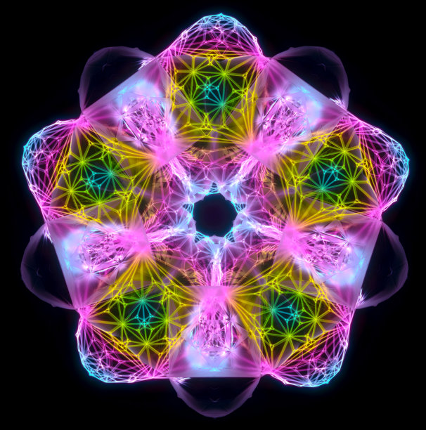 3D渲染的抽象艺术，超现实外星分形对称玻璃花曼陀罗符号在变形旋转过程中，内部带有激光光线的荧光霓虹色。图片下载
