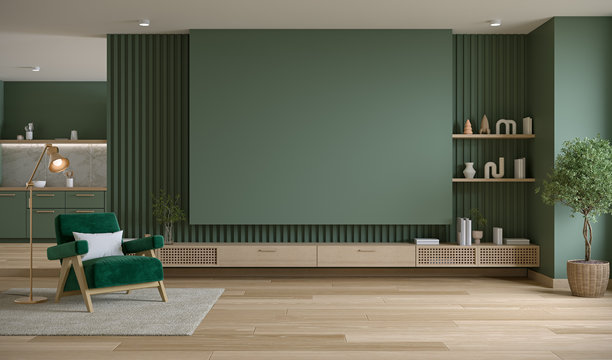 中世纪现代风格的客厅，空旷的绿色墙壁展示，配有绿色扶手椅和木质电视柜，木地板，3D渲染图图片下载