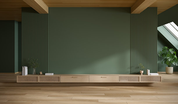 中世纪现代风格的客厅，空荡荡的绿色墙壁样板，配有木质电视柜和木地板，3D渲染图图片下载