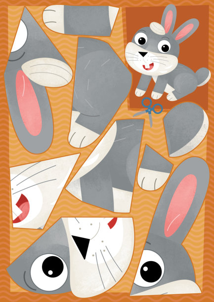 卡通场景，角色拼图剪切，教育练习手册，使用剪刀的动物兔子插图，适合儿童的剪切活动图片下载