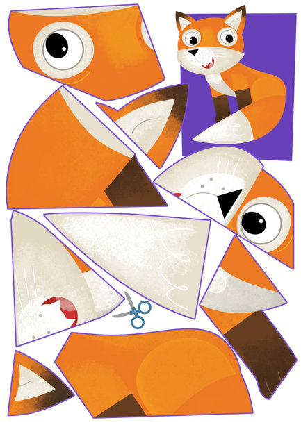 卡通场景，角色拼图剪切教育练习，使用剪刀的手工活动，适合儿童的狐狸插图剪切。图片下载