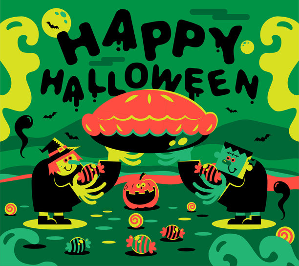 弗兰肯斯坦和女巫提着南瓜派和甜糖果，在满月之夜庆祝快乐的万圣节。这是一个充满奇幻色彩的万圣节派对。图片下载