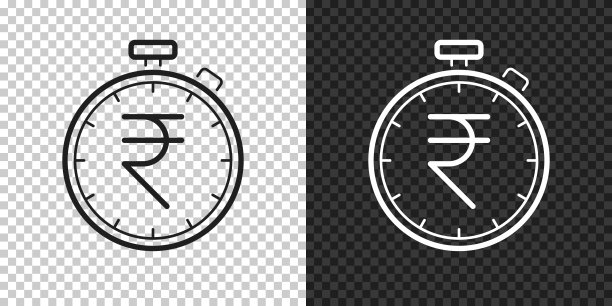 带有印度卢比符号的秒表。用于设计的图标，背景为空白。图片下载