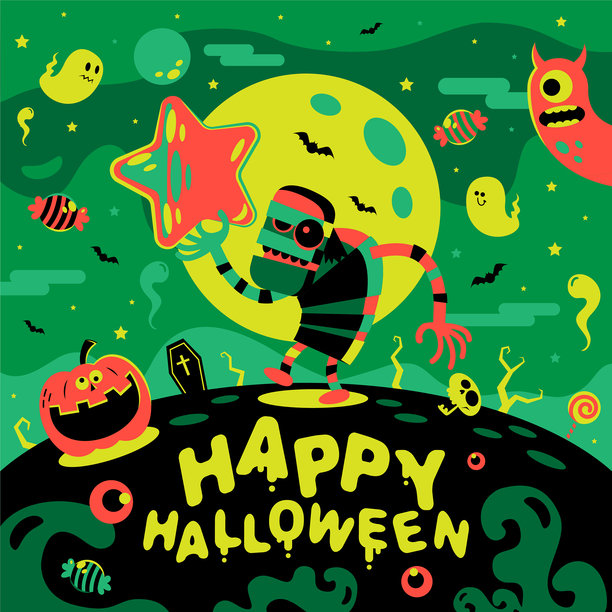 拿着明亮星星的僵尸木乃伊站在山丘上说“万圣节快乐”。万圣节背景有满月、蝙蝠、鬼魂、棺材、怪物和南瓜灯。图片下载