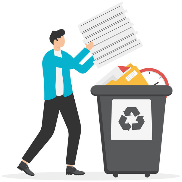 整理过多的垃圾文件、垃圾邮件，提高生产力和效率，抛弃杂乱的想法等。远程商家将处理各种垃圾文件和信息，放入废纸篓。图片下载