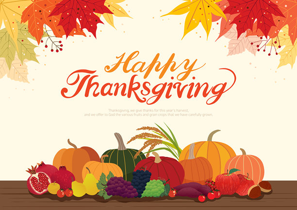 感恩节水果、谷物和秋叶的背景插图图片下载