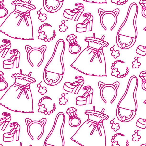 粉色背景上的Barbicore风格轮廓图案。女孩的服装、裙子、包包和其他珠宝细节。用于纺织品和纸张的印刷。包装。图片下载