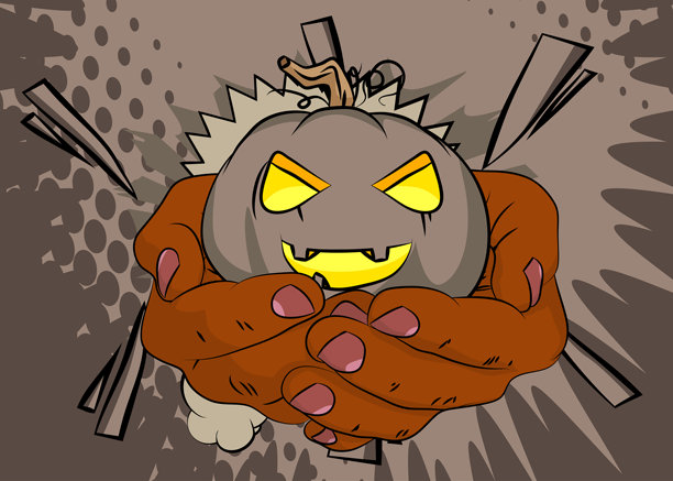 卡通漫画风格的人手握着南瓜灯。复古万圣节南瓜矢量漫画流行艺术设计。图片下载