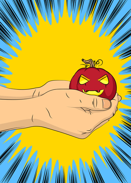 卡通漫画风格的人手握着南瓜灯。复古万圣节南瓜矢量漫画流行艺术设计。图片下载