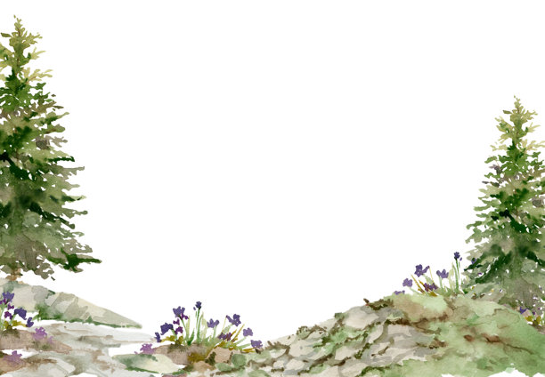 阿尔卑斯山景观的森林草地，灌木花卉，松树云杉和岩石，手绘水彩画。适合旅游、度假村广告、徒步旅行和露营地点的横向框架。图片下载