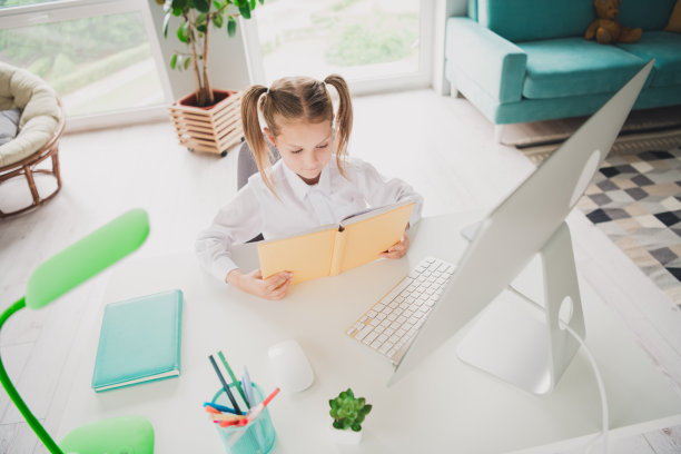 照片肖像可爱的小女生读书电脑上网课家庭教育理念学校内部图片下载