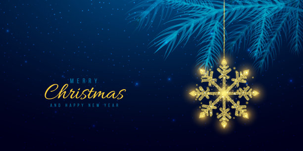 低多边形风格的雪花和圣诞树枝，适用于新年横幅。蓝色背景上的抽象现代矢量插图。图片下载