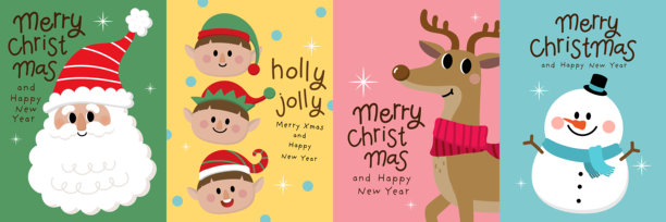 圣诞快乐新年好，圣诞老人、雪人、小精灵和鹿的节日卡通形象，冬季矢量素材图片下载