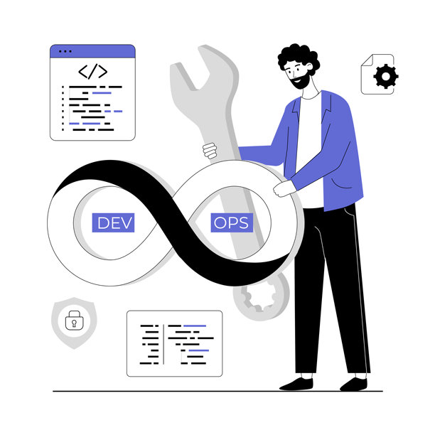 DevOps开发人员概念。从事软件开发，操作流程，技术支持，自动化流程的程序员。矢量插图与线的人的网页设计。图片下载