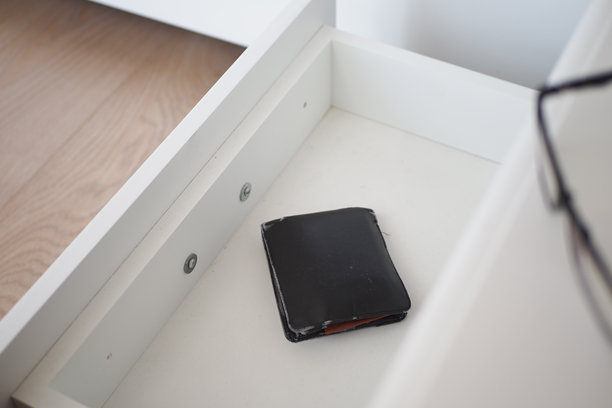 打开的抽屉里的钱包特写。图片下载