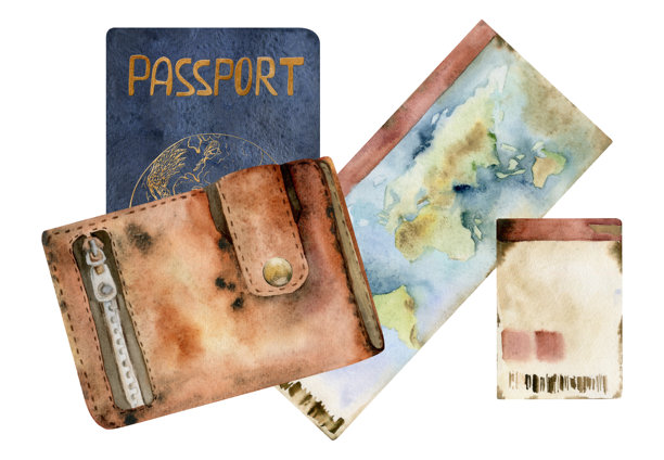 旧皮革古董钱包包，世界护照身份证件，机票券许可证。水彩手绘复古插画。设计旅游、旅游、宣传册、婚庆、导游、印刷品、名片纹身。图片下载