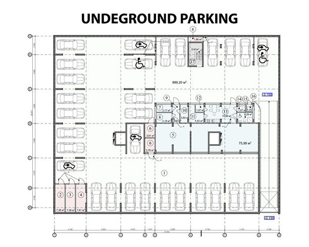 向量建筑项目的多层建筑地下室与地下停车场图片下载