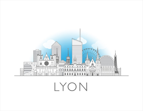 里昂天际线城市景观矢量插图图片下载