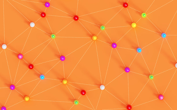 在橙色背景上用虚线连接的彩色棋子图片下载