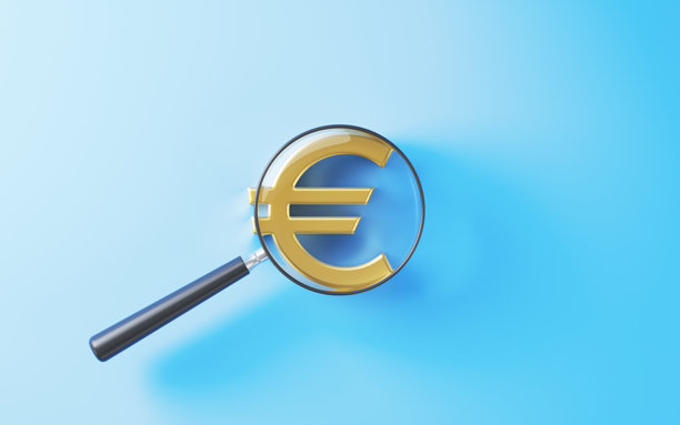 放大镜在蓝色背景欧元符号图片下载