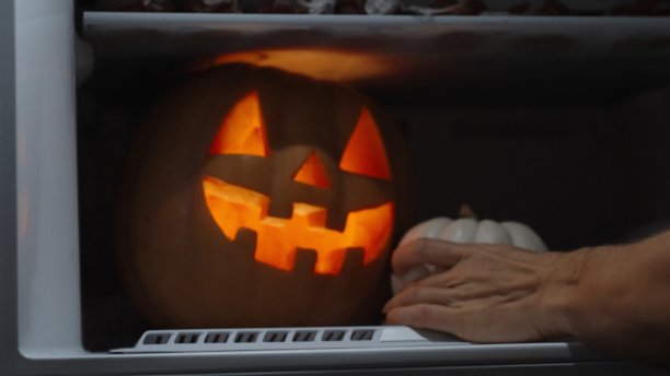 当冰箱的门打开，旁边放着一个白色的小南瓜时，南瓜灯就会发光。万圣节恶作剧的概念。图片下载