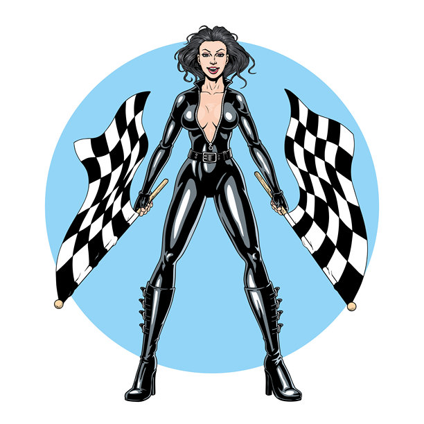 在白色的背景上带着格子旗的赛车女孩。年轻的别针风格迷人的女人，汽车运动锦标赛海报或横幅设计。矢量插图。图片下载