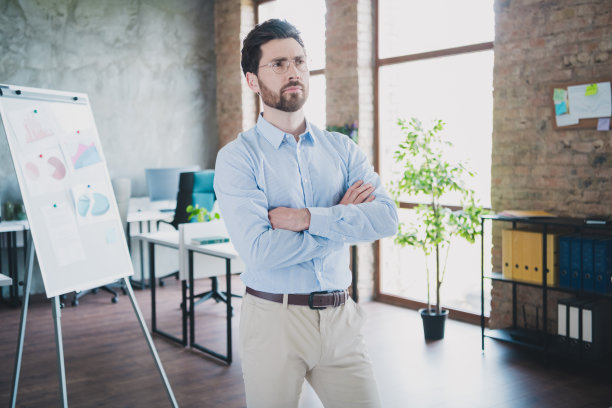 年轻男性的照片肖像，双手交叉，穿着时尚的正式服装，展现现代职场成功的商业老板形象。图片下载