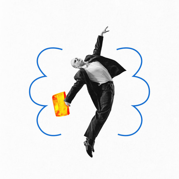 当代艺术拼贴。身体。身穿西装的男人跳跃，手持明亮的公文包，象征着行动的自由和对自身身体的意识。图片下载