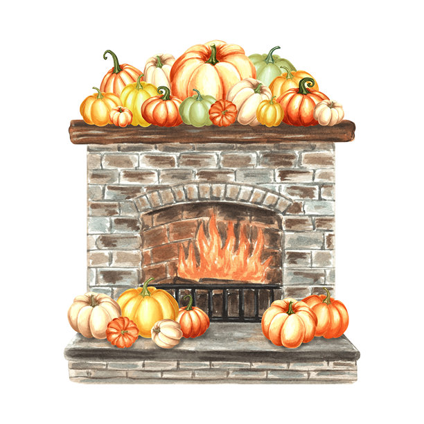 燃烧的壁炉上摆放着不同颜色的南瓜，木架上装饰着手绘水彩插图。温馨的秋季家居细节。适用于邀请函、卡片、印刷品的复古风格独立模板。图片下载