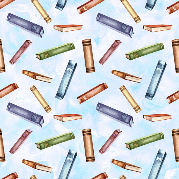 复古书籍，教科书。无缝图案风格化。手绘水彩插图。教育，知识概念。图书馆，文具。适用于纺织品、书店、包装和剪贴簿的模板。图片下载