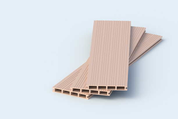 一堆木 decking 板放在灰色背景上。建筑材料。外墙板。现代复合材料用于露台。家居装修。留白。3D 渲染。图片下载