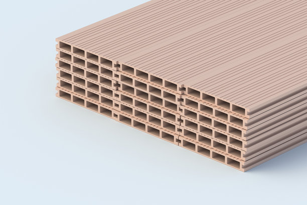 灰色背景上的一堆甲板板材。建筑材料。外墙板。现代复合材料面板用于露台。家居装修。3D渲染。图片下载