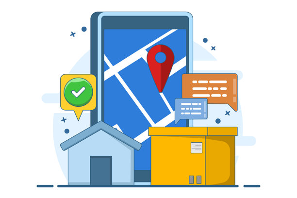 全球物流概念，快速准确的货物配送。在线快递服务或手机应用程序概念，用于在智能手机上跟踪货物，配有现成的包装。插图。图片下载