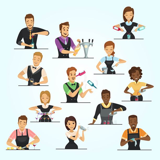 一组卡通男性和女性调酒师图片下载