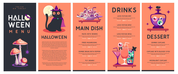 万圣节平面菜单设计，包含黑猫、鸡尾酒、魔法药水和苍蝇伞蘑菇。万圣节恐怖背景。矢量插图。图片下载