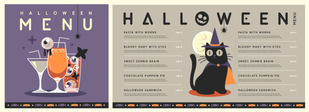 万圣节平面菜单设计，配有黑猫和鸡尾酒或魔法药水。万圣节恐怖背景。矢量插图图片下载