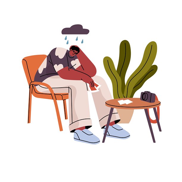 疲惫的艺术家面临创作疲惫。悲伤的摄影师经历工作危机和冒名顶替综合症。摄影师感到抑郁和沮丧。白色背景上的扁平孤立矢量插图。图片下载