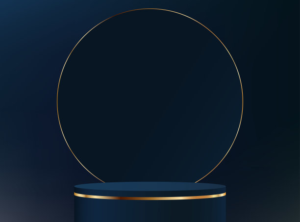 深蓝色背景的3D金色展台矢量图。网站上销售产品的空间。矢量插图。图片下载