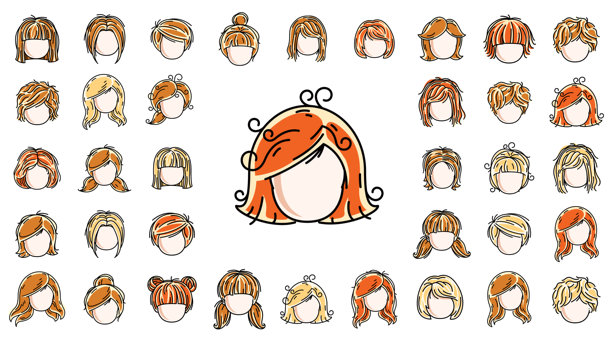 女性发型头部矢量插图集，独立于白色背景，女孩迷人的美丽发型合集，包含不同发色。图片下载
