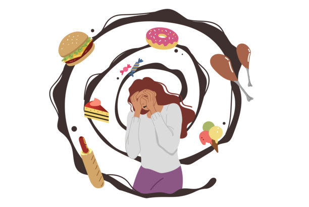 对食物的思考在一个有心理障碍的女性中引发恐惧和恐慌，她害怕变胖。图片下载