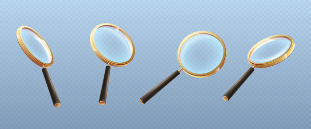 3D真实金色放大镜系列，黑色手柄，从不同角度展示。图片下载