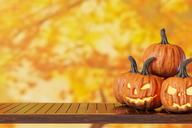 木质桌面上留有空位用于产品展示和南瓜，背景为温暖的秋季。万圣节主题。产品展示的模型，商品展示。桌子正面视图。3D渲染。图片下载