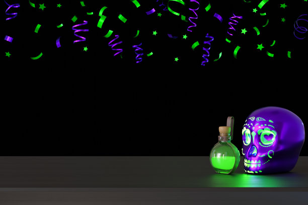 充满活力的万圣节主题图像，桌面上有发光的紫色骷髅和绿色药水瓶，背景为黑色，点缀着霓虹绿色和紫色的派对彩带。适合放置产品。3D效果。图片下载