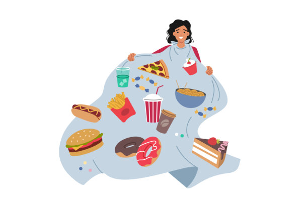 女性暴饮暴食的问题，沉迷于垃圾食品和汽水，危害健康图片下载