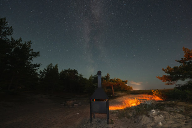 夜景照片，沙滩沙滩沙滩与烧烤的地方和燃烧的火。图片下载