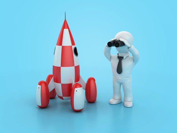 火箭和卡通商人用双筒望远镜图片下载