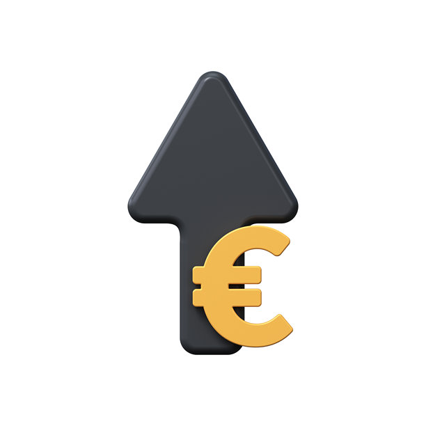 三维欧元符号与一个向上的箭头。经济、金融或货币增长。白色背景，库存照片图片下载